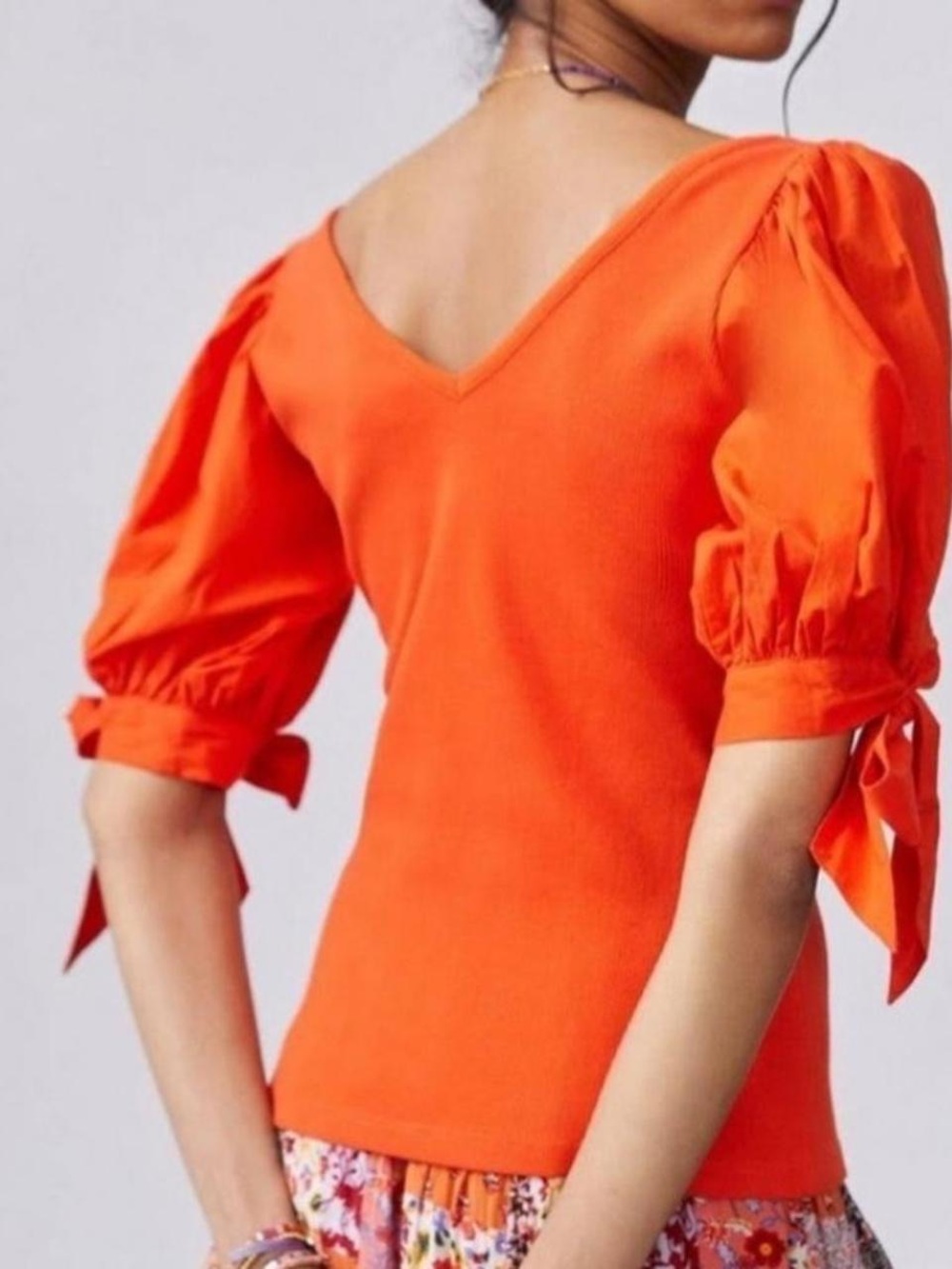 Anthropologie Orange V-Neck Puff Sleeve Top